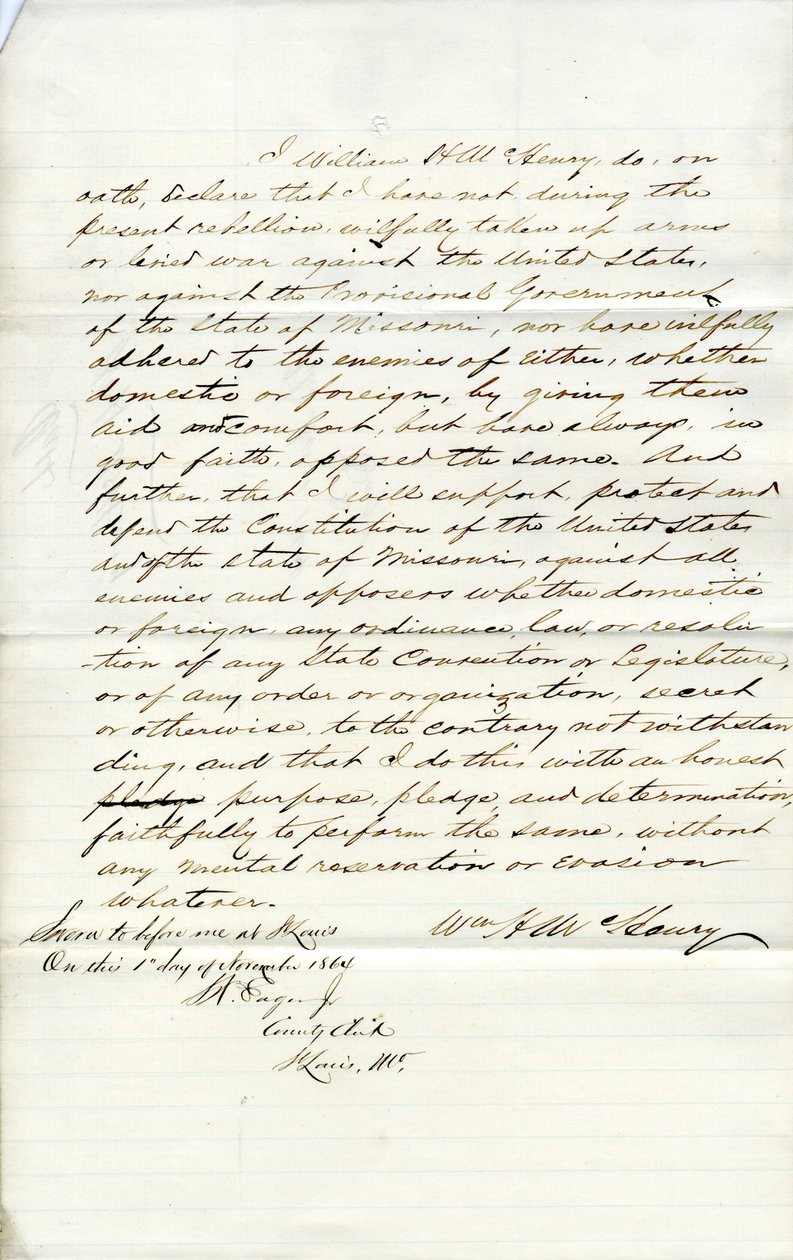 Treueeid von William H. McHenry aus Missouri, County of St. Louis von W.H. McHenry