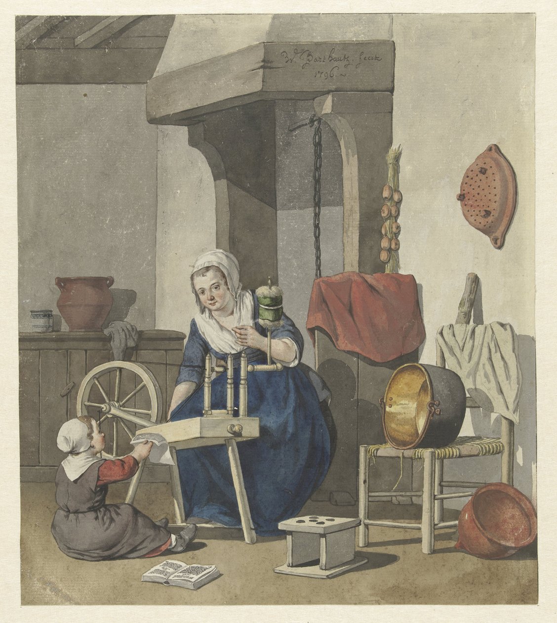 Interieur mit einer spinnenden Frau mit einem Kind von W. Barthautz