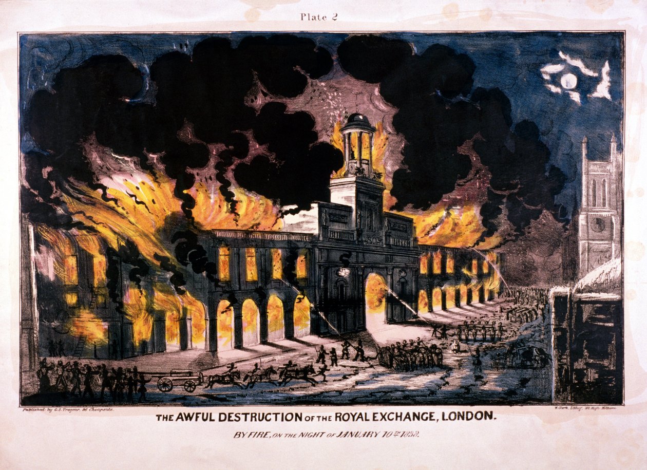 Die schreckliche Zerstörung der Royal Exchange 2. Feuer, London, 1838 von W Clerk