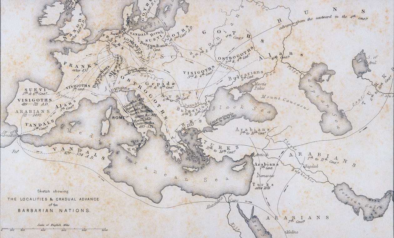 Die Lokalitäten und der allmähliche Vormarsch der barbarischen Nationen, ca. 1850 von W Hughes