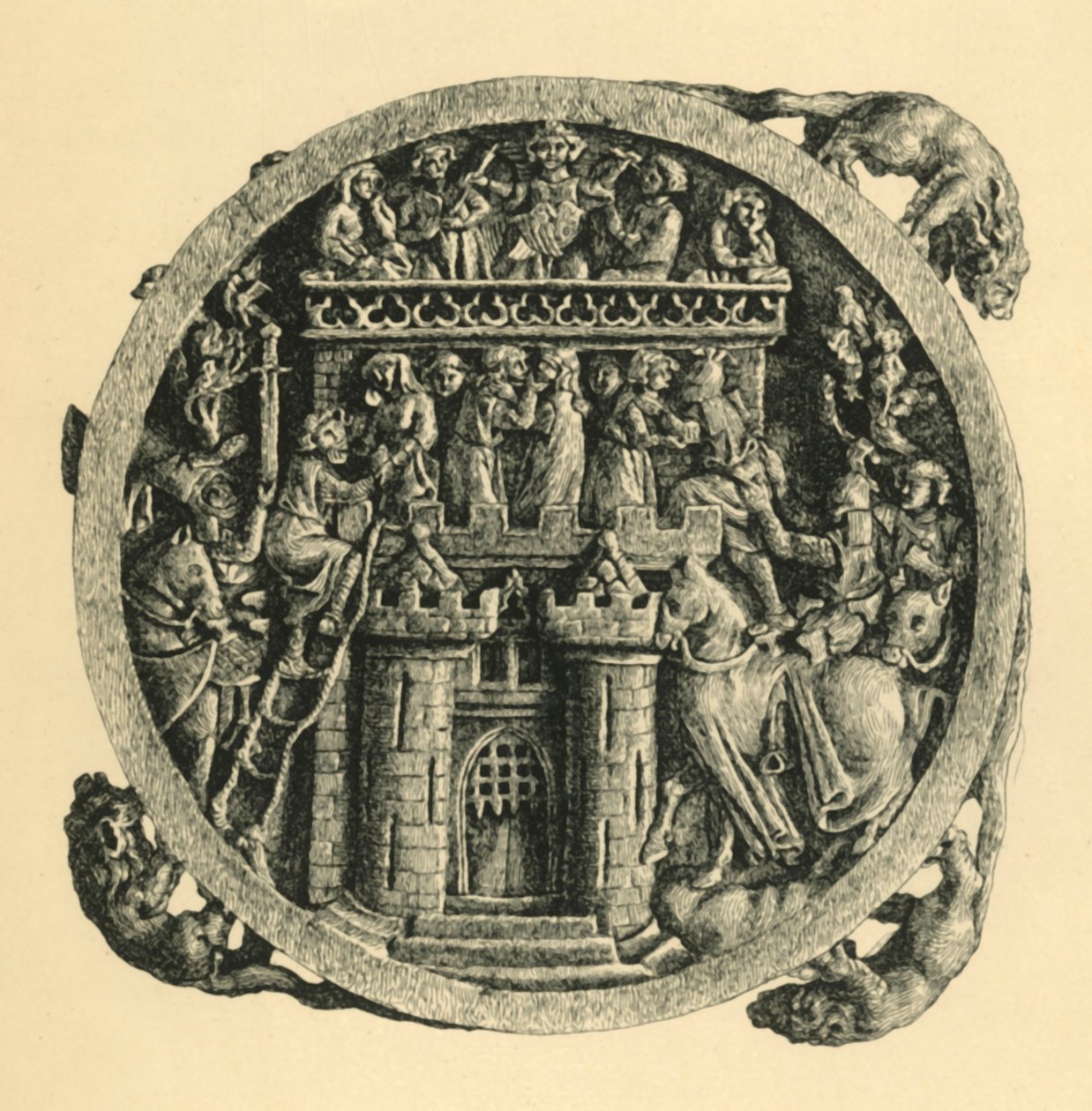 Elfenbein-Spiegelkasten, der die Erstürmung der Burg der Liebe darstellt, frühes bis mittleres 14. Jahrhundert, 1881 von W. Wise