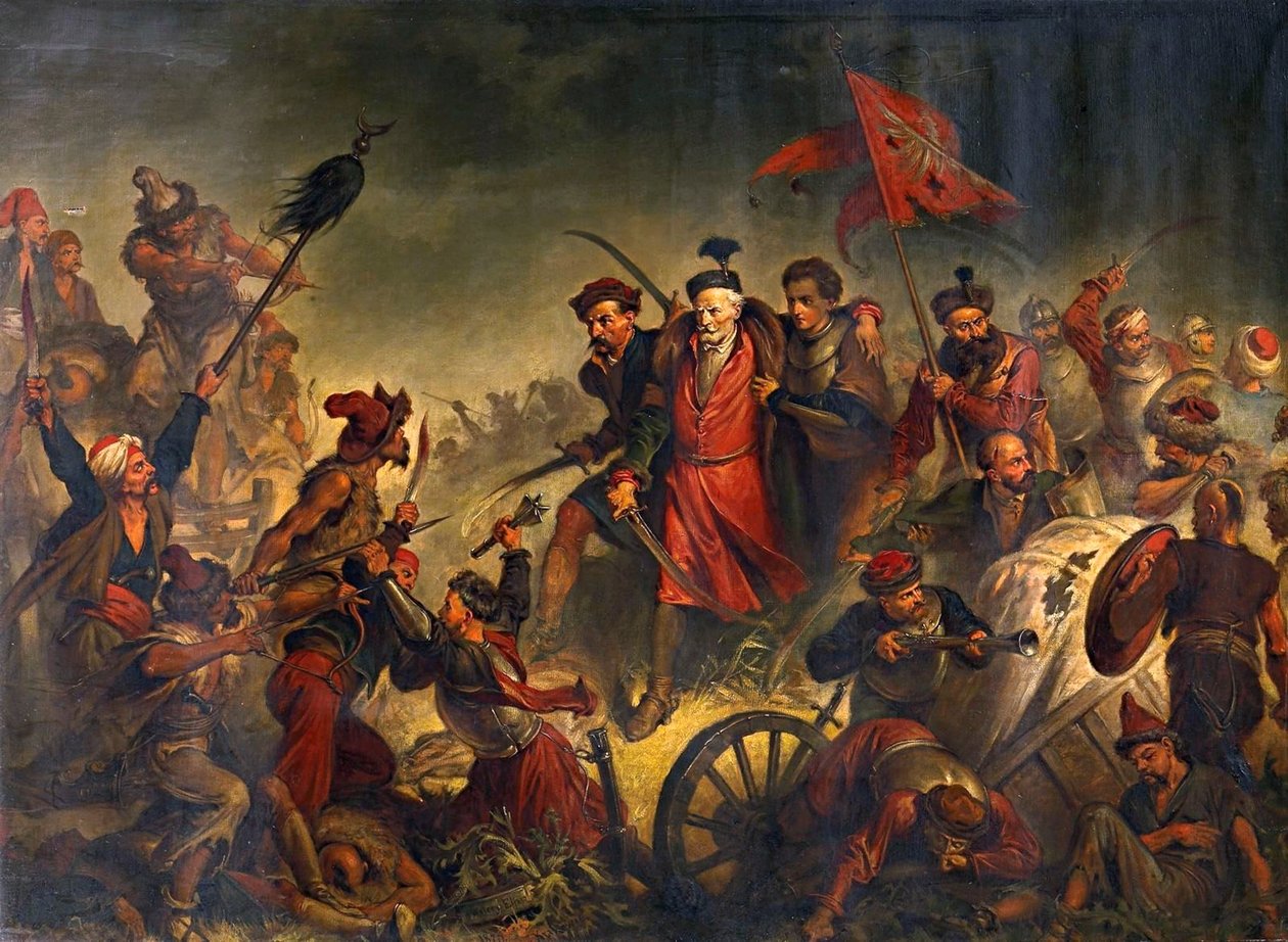 Tod von Stanislaw Zolkiewski in der Schlacht von Cecora 1620, 1877 von Walery Eljasz Radzikowski