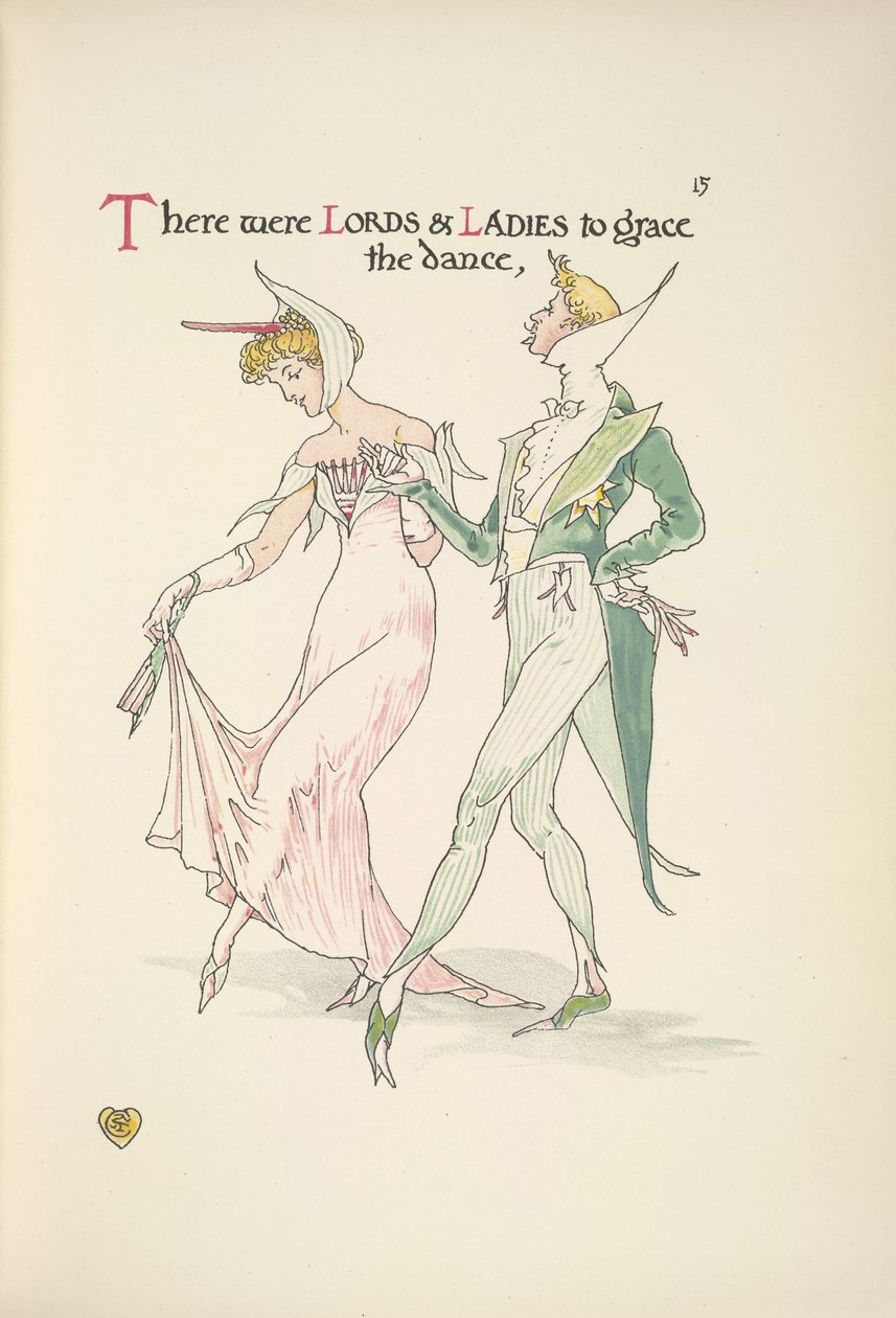 Ein junger Mann und eine junge Frau bereiten sich auf das Tanzen vor von Walter Crane
