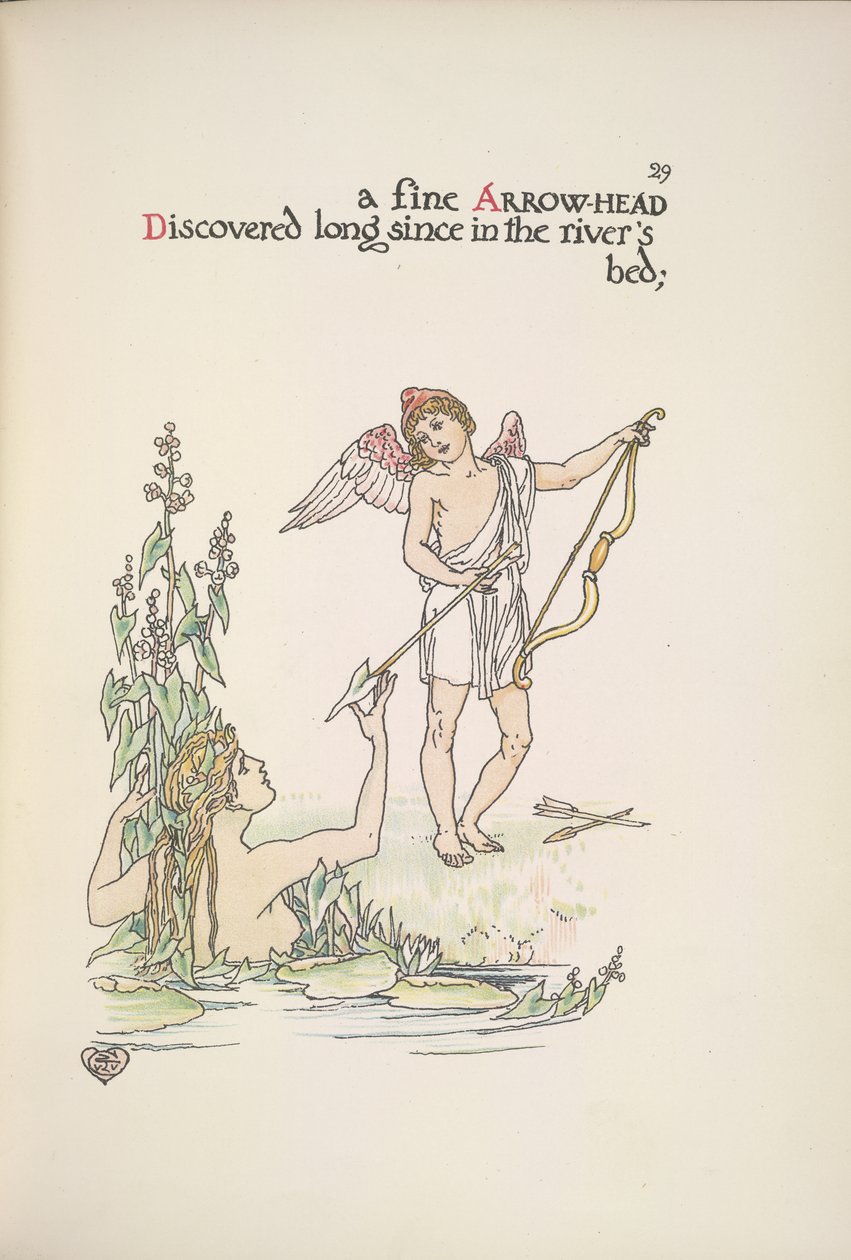 Ein Engel hält einen Pfeil, und eine Dame in einem Fluss oder See von Walter Crane