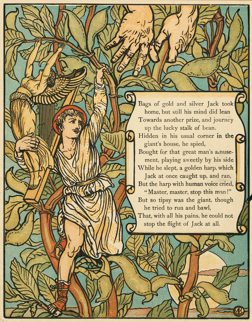 Jack steigt die Bohnenranke hinunter, aus Jack und die Bohnenranke, veröffentlicht 1875 von Walter Crane