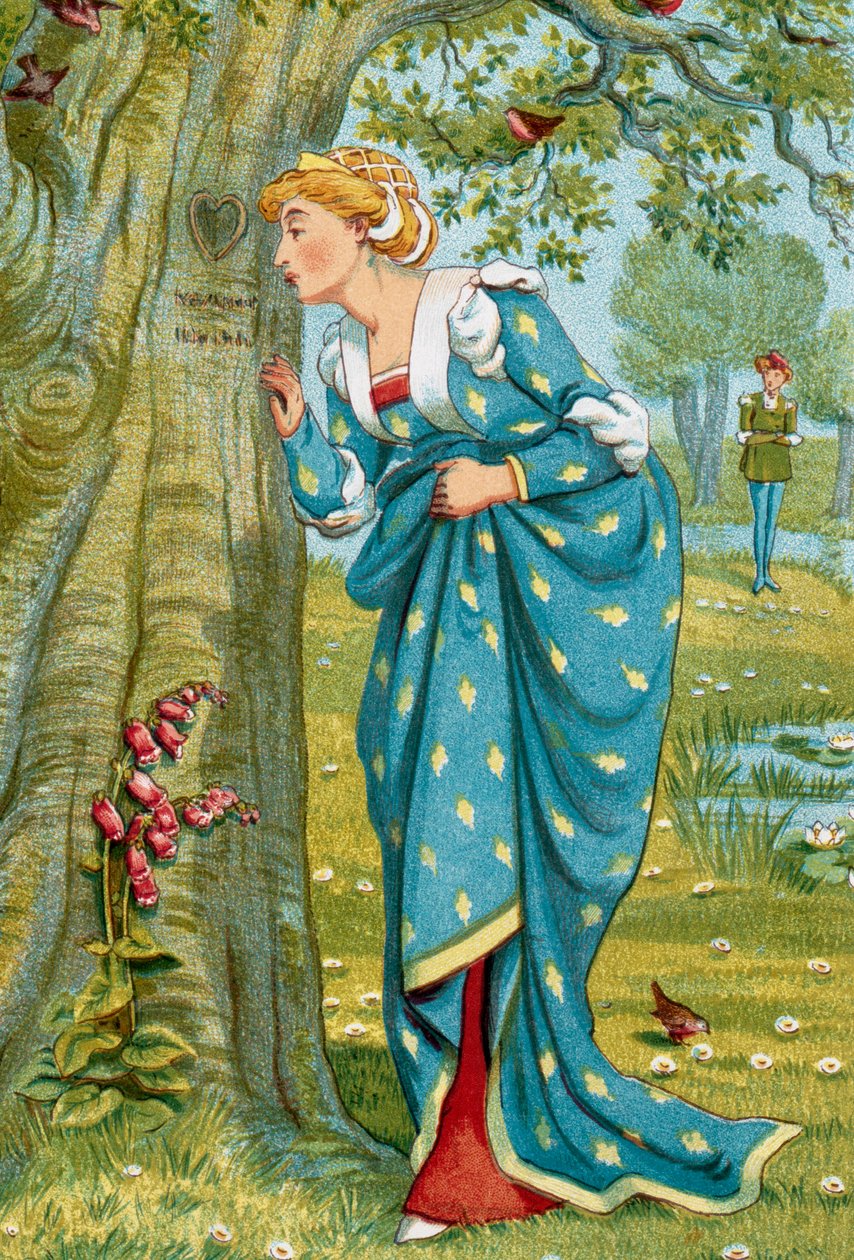 Der Baum der Liebenden: Die junge Frau entdeckt ihren Namen, den ihr Geliebter in den Stamm geritzt hat. Illustration von Walter Crane (1845-1915) von Walter Crane