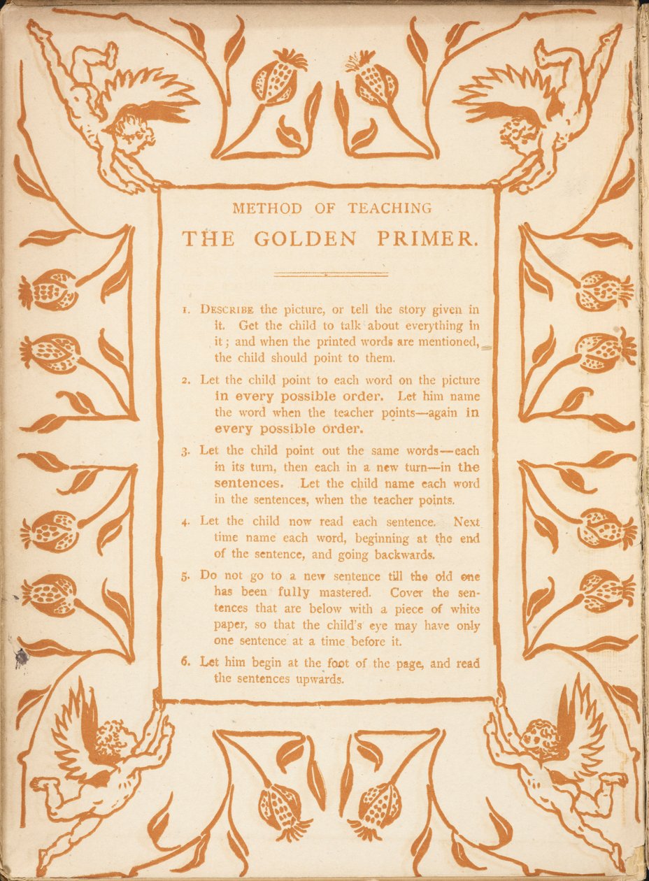 Methode zum Unterrichten des Golden Primer. Blumengrenze mit Putten. von Walter Crane