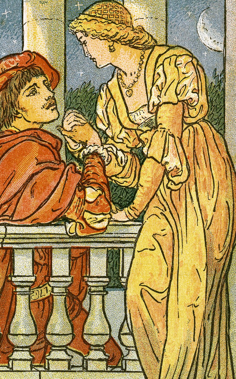 Nun, oh nun, muss ich gehen, Liedillustration aus Pan-Pipes, Ein Buch alter Lieder, neu arrangiert und mit Begleitungen von Theo. Marzials, veröffentlicht in London von George Routledge & Sons, 1884 von Walter Crane