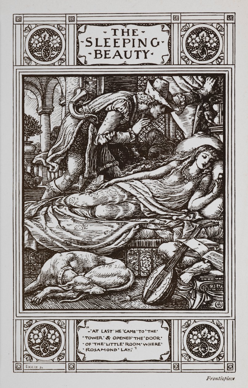 Dornröschen schläft, umgeben von einem schlafenden Hund und einem Musikinstrument, während Prinz Charming über sie wacht. von Walter Crane