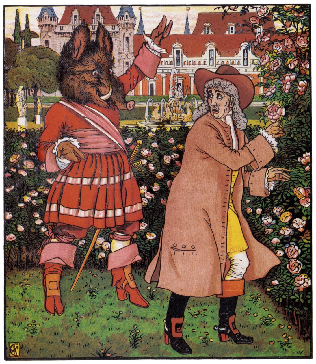Der Vater der Schönen pflückt Rosen im Garten der Bete. Illustration von Walter Crane in "Schönheit und das Biest" von Walter Crane