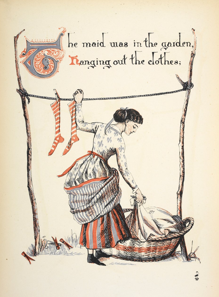 Das Dienstmädchen war im Garten und hängte die Wäsche auf. von Walter Crane