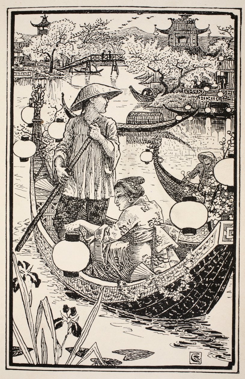 Als der Abend kam, stiegen sie wieder in ihr Boot und schmückten es von Bug bis Heck mit Blumen, Illustration aus 
