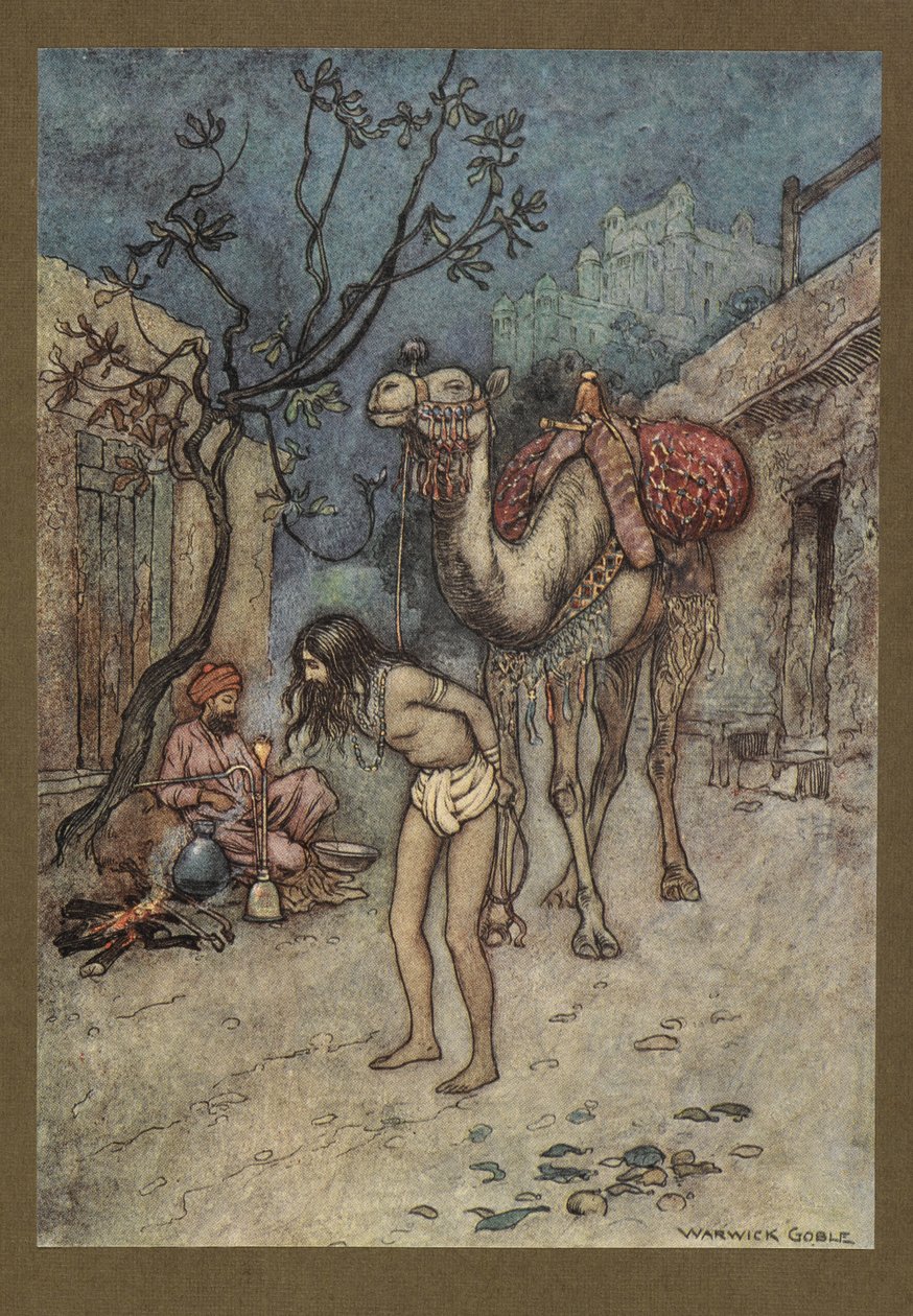 Tafel 16: "Der Kamel-Treiber stieg ab, band das Kamel an den Baum an Ort und Stelle und begann zu rauchen." aus Folk-Tales of Bengal ... Mit 32 Illustrationen in Farbe von Warwick Goble. (Edition de luxe.). 1914 von Warwick Goble