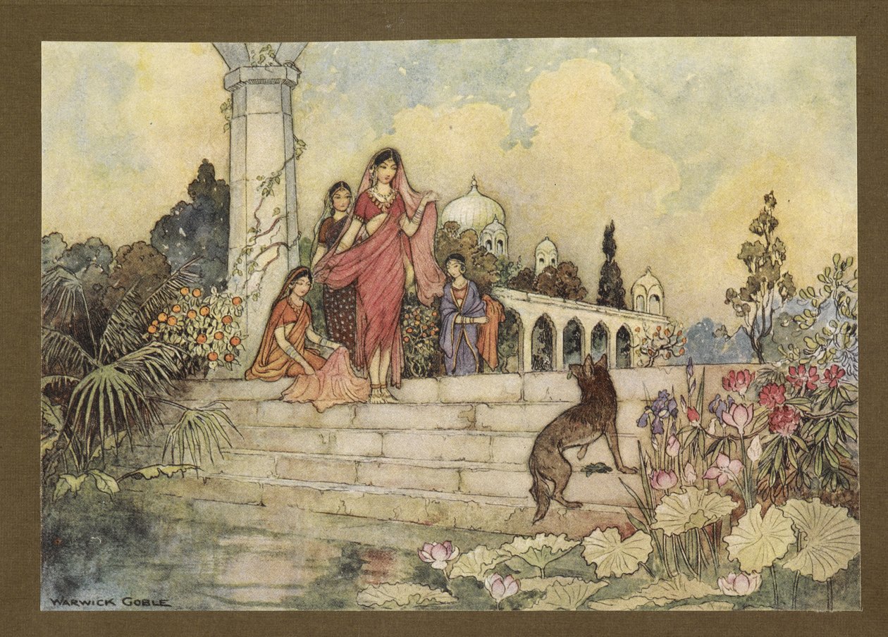 Tafel 23: "Der Schakal ... öffnete sein Bündel Betelblätter, steckte einige in den Mund und begann zu kauen", aus Folk-Tales of Bengal... Mit 32 Illustrationen in Farbe von Warwick Goble (Edition de luxe.) von Warwick Goble
