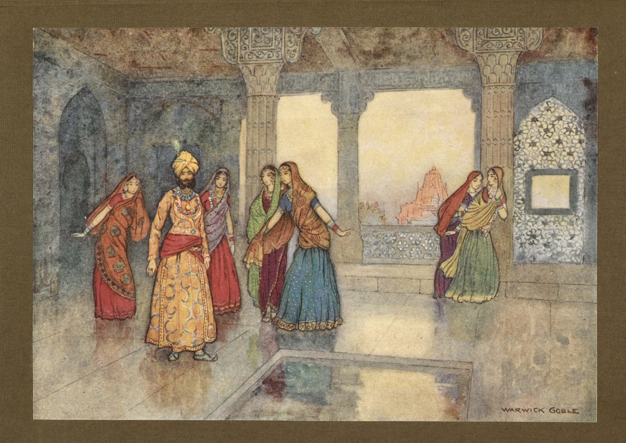 Tafel 25: "Die sechs Königinnen versuchten, ihn zu trösten", aus Folk-Tales of Bengal ... Mit 32 Illustrationen in Farbe von Warwick Goble. (Edition de luxe.) 1914 von Warwick Goble