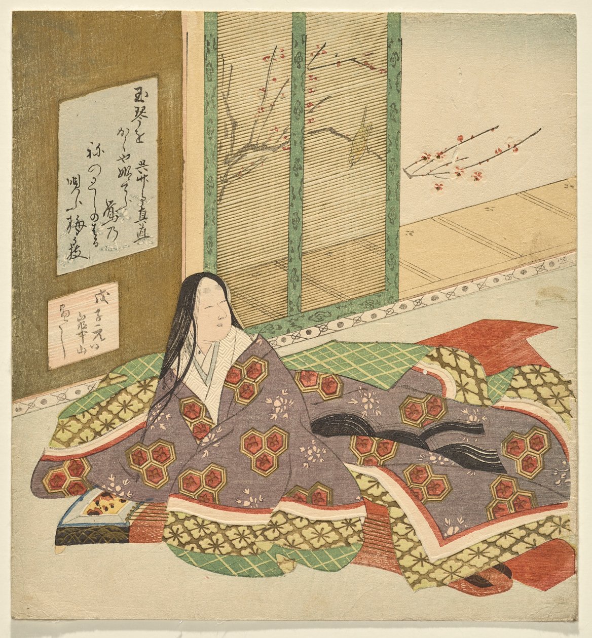 Eine Hofdame sitzt an einem Koto und blickt in einen Garten von Watanabe Kazan