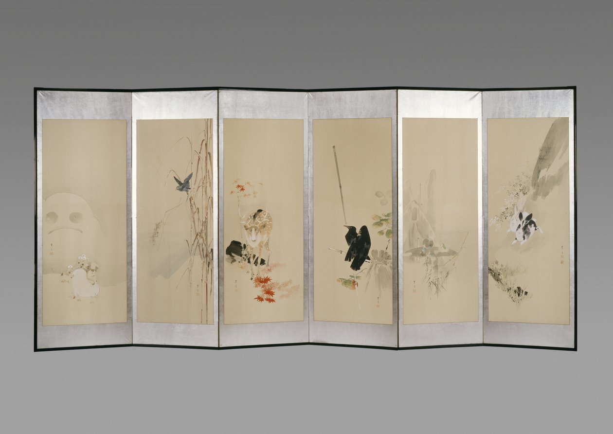Klappschirm: Blumen der zwölf Monate, ca. 1900 (Tinte & Farbe auf Papier) von Watanabe Seitei
