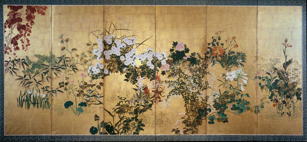 Paravent mit Herbst- und Winterblumen von Watanabe Shiko