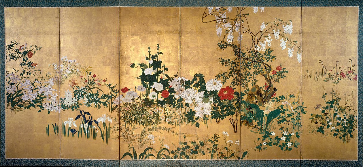 Paravent mit Frühlings- und Sommerblumen von Watanabe Shiko