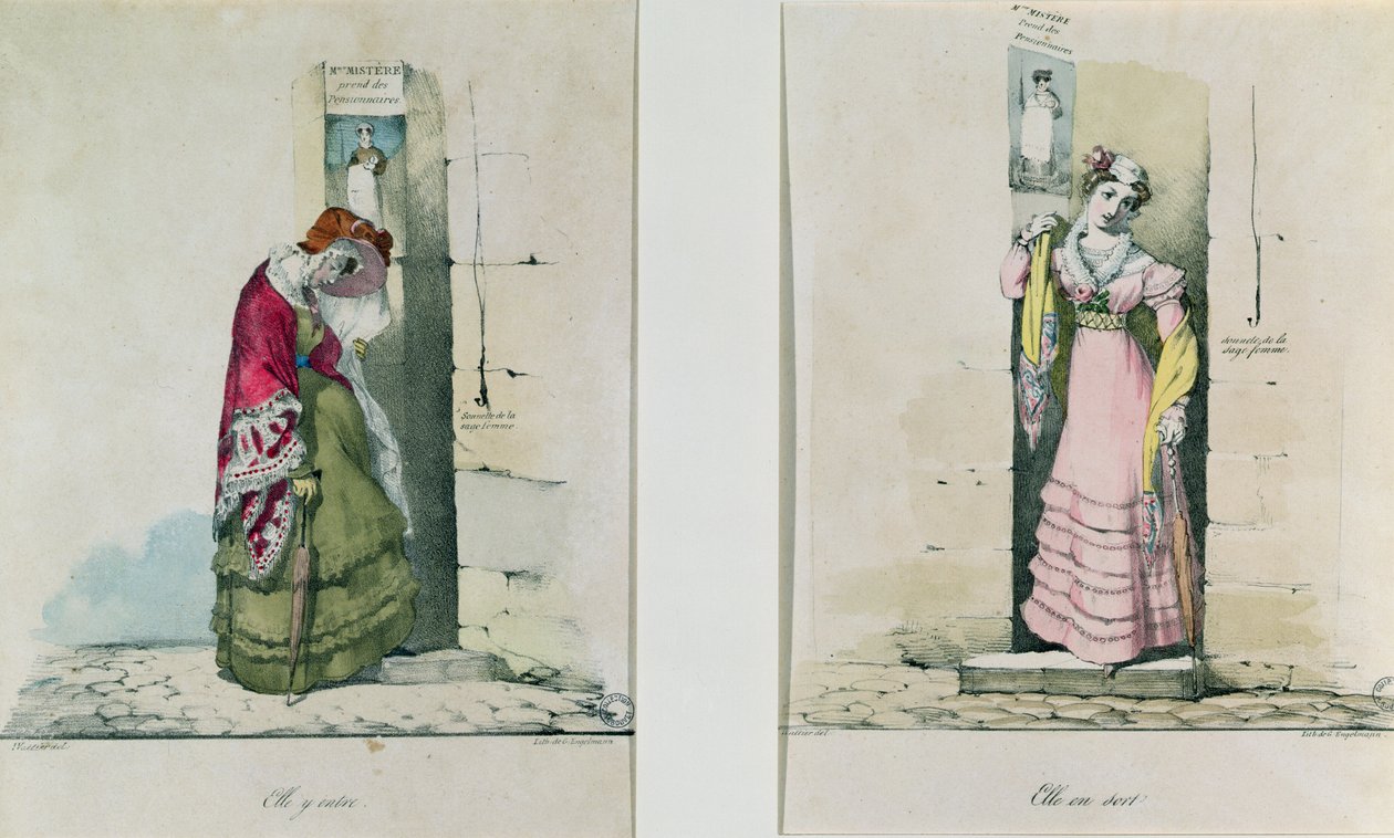 Eine Frau betritt und verlässt eine Abtreibungsklinik, graviert von Godefroy Engelmann von Wattier
