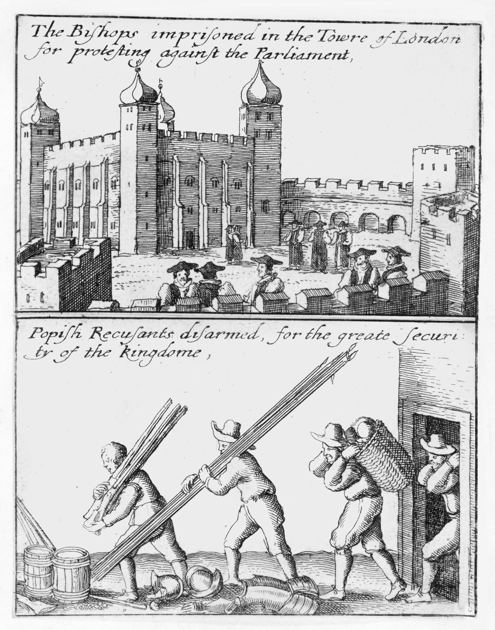 Bischöfe im Tower of London eingesperrt; Papistische Rekusanten entwaffnet von Wenceslaus Hollar