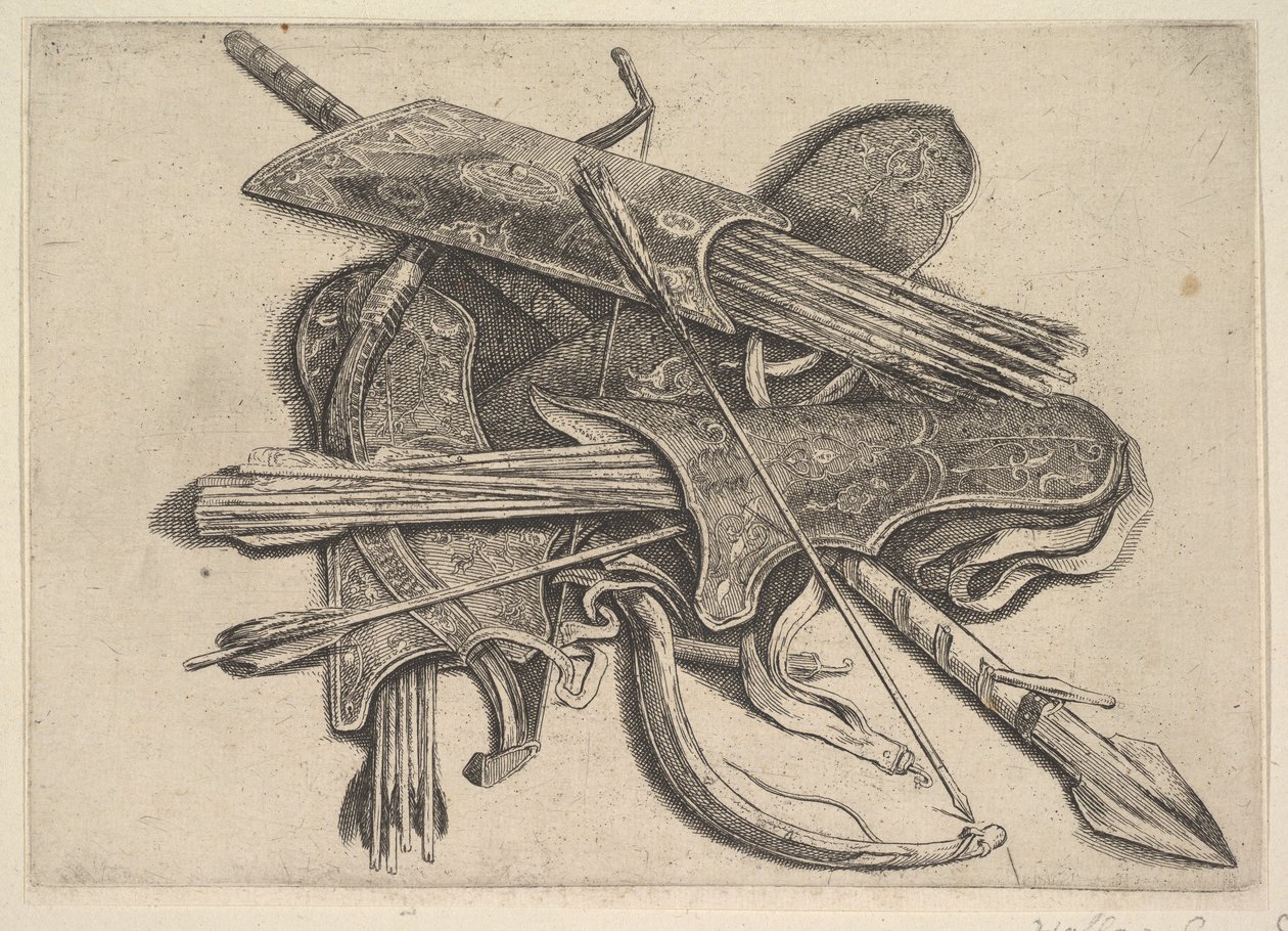 Bögen, Köcher und ein Speer, 1625-77 von Wenceslaus Hollar