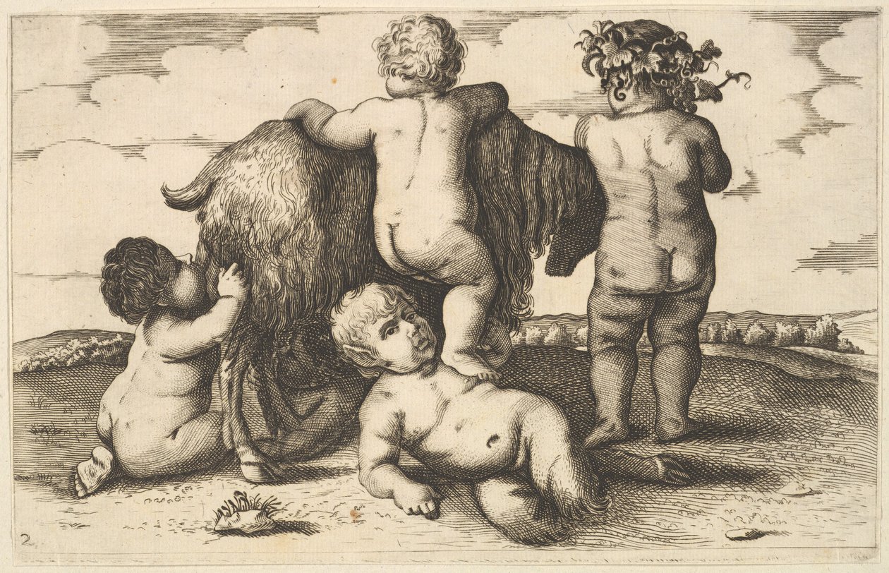 Vier Jungen, ein junger Satyr und eine Ziege Kopie, 17. Jahrhundert von Wenceslaus Hollar