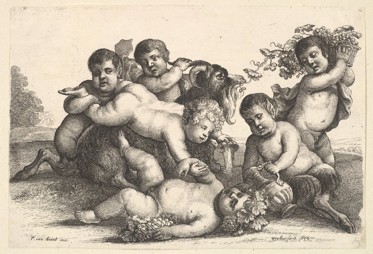 Vier Jungen, zwei Satyrn und eine Ziege von Wenceslaus Hollar