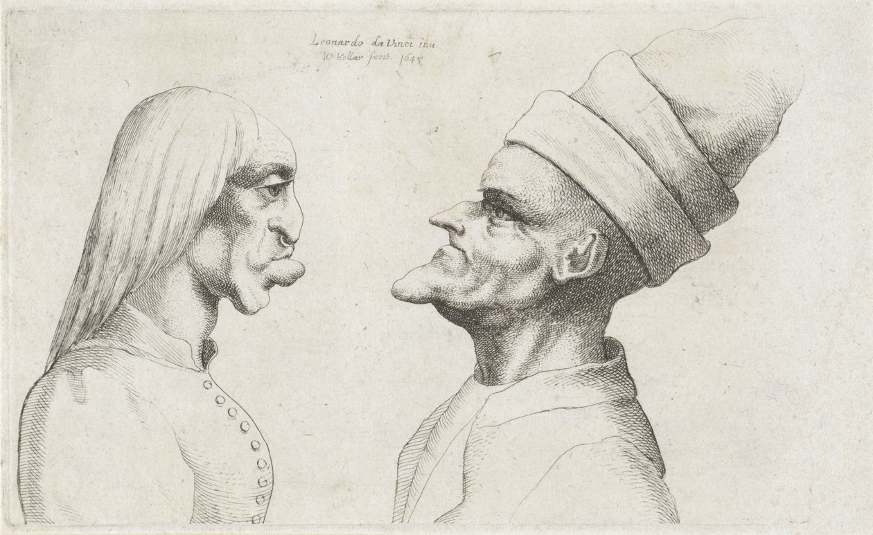 Missgestaltete Köpfe einer Frau mit glattem Haar und eines Mannes mit doppelrandigem Hut von Wenceslaus Hollar