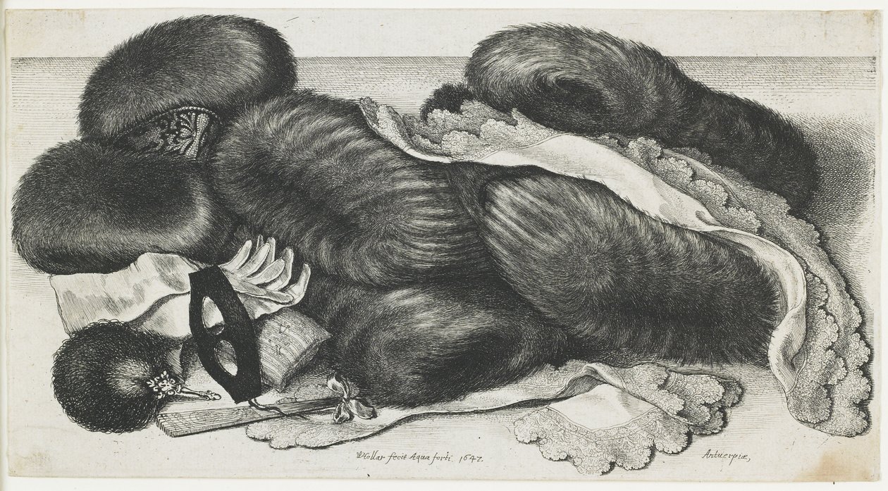 Muffs und Kleidungsstücke auf einem Tisch, 1647 von Wenceslaus Hollar