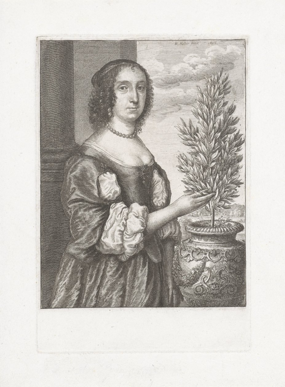 Porträt einer stehenden Frau neben einem Lorbeerbaum von Wenceslaus Hollar