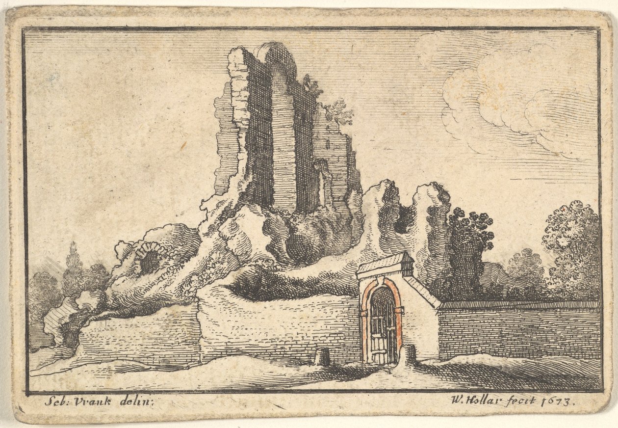 Ruinen und ein vergittertes Tor auf dem Esquilin-Hügel in Rom von Wenceslaus Hollar