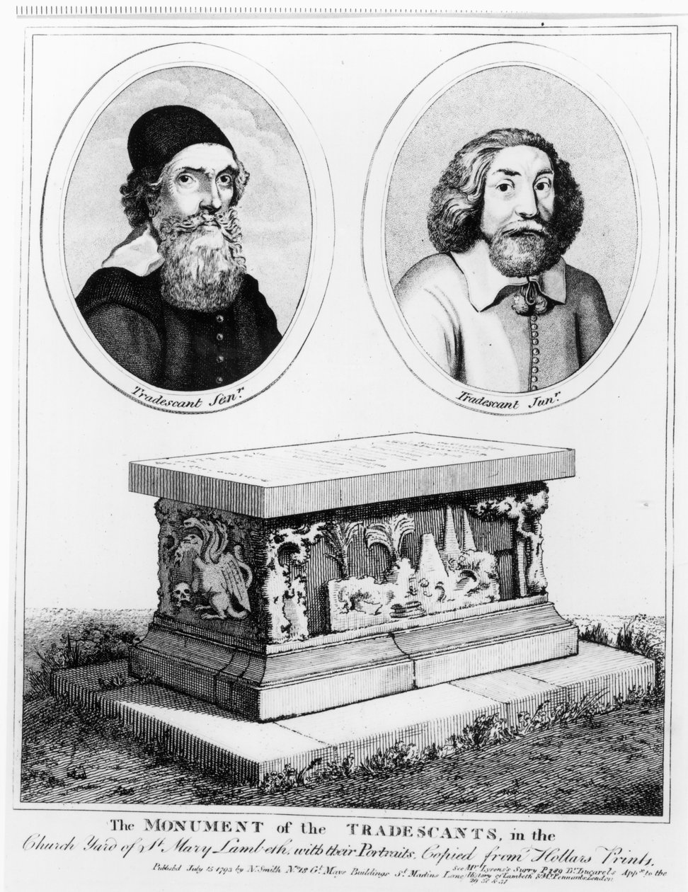 Das Denkmal der Tradescants im Kirchhof von St. Mary Lambeth, veröffentlicht 1793 von Wenceslaus Hollar