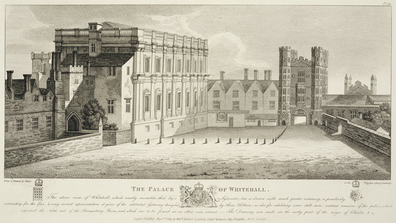 Der Palast von Whitehall, aus einer Zeichnung in der Pepysian Library, Cambridge, veröffentlicht 1809 von Wenceslaus Hollar