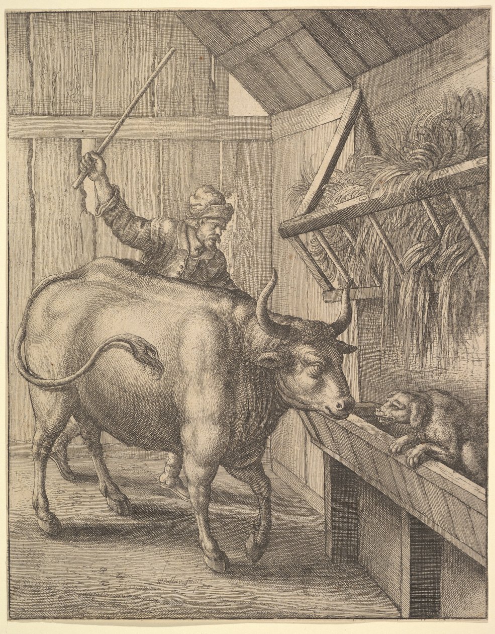 Der Hund im Trog aus der Illustration zu John Ogilbys Æsopics: Or A Second Collection von Wenceslaus Hollar
