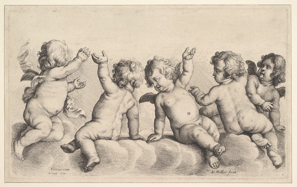 Drei Putten und zwei Jungen auf Wolken, 1620-77 von Wenceslaus Hollar