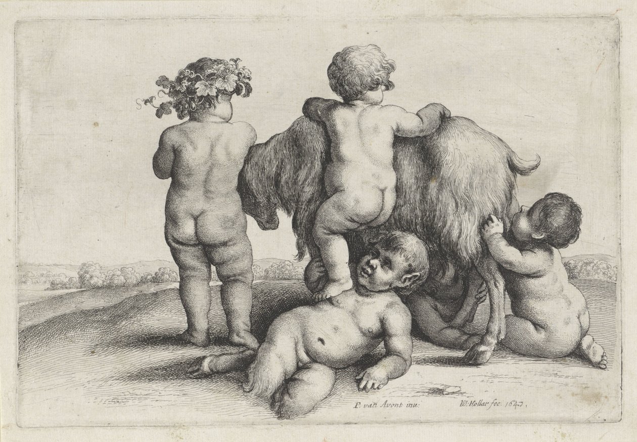 Vier Jungen, ein Satyr und eine Ziege Putti und Satyrn (Serientitel) von Wenceslaus Hollar