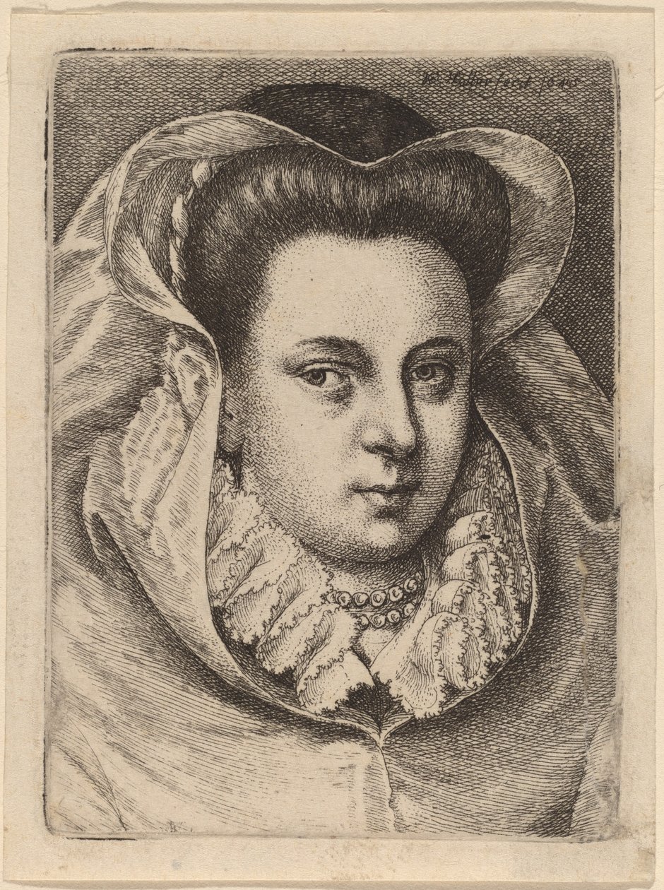 Frau mit weißem Schleier und schwarzem Hut (Maria Stuart?) von Wenceslaus Hollar