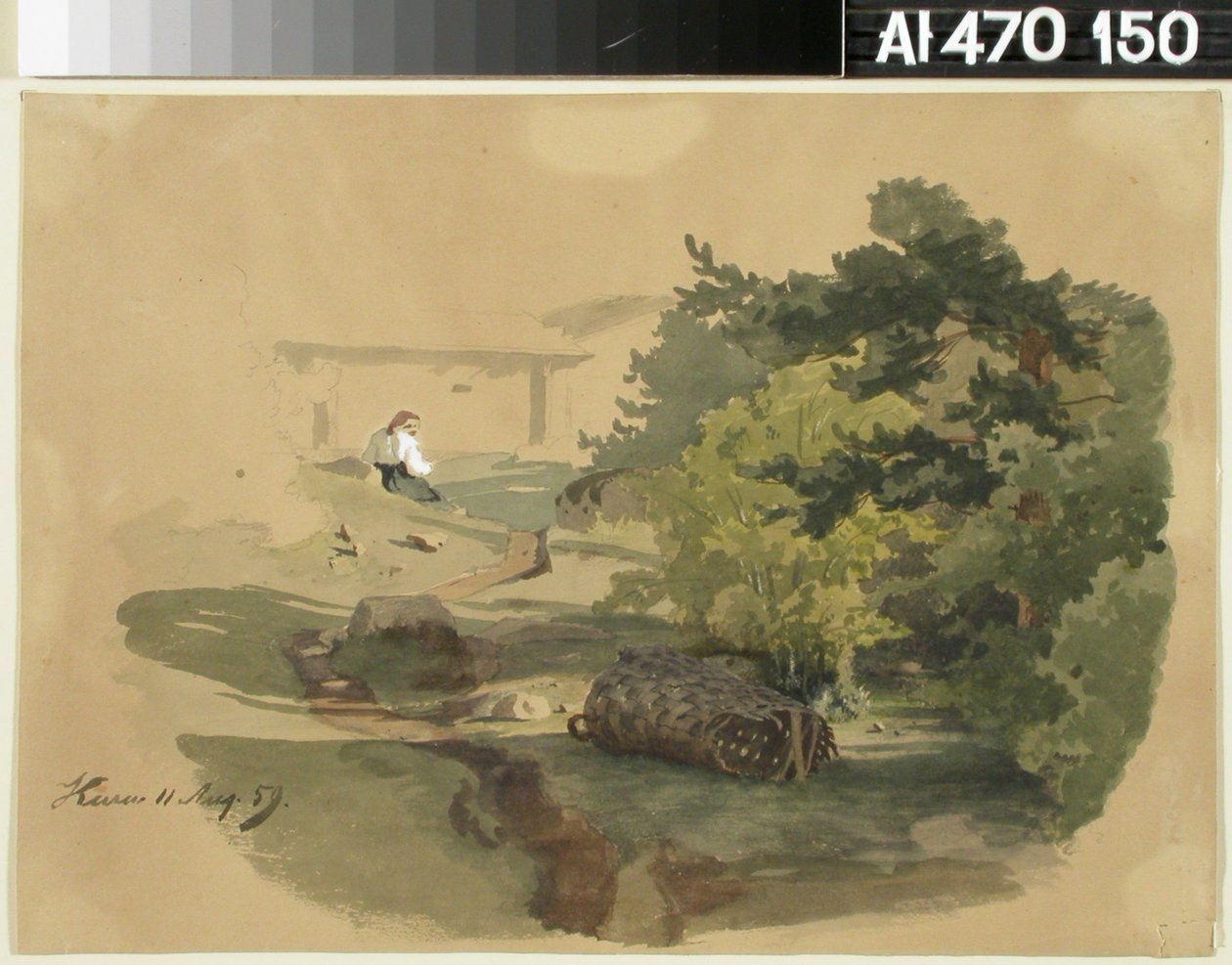 Landschaft mit Schindelkorb und sitzender Frau von Werner Holmberg