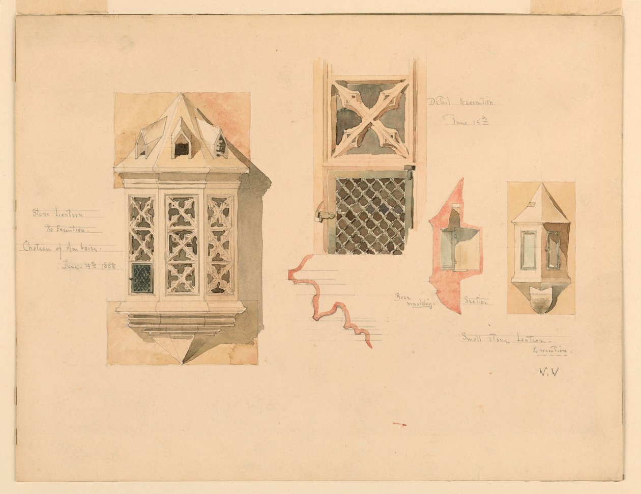 Darstellung von zwei Steinkandelabern, vom Schloss in Amboise, Frankreich, 14.-15. Juni 1888 von Whitney Warren Jr.