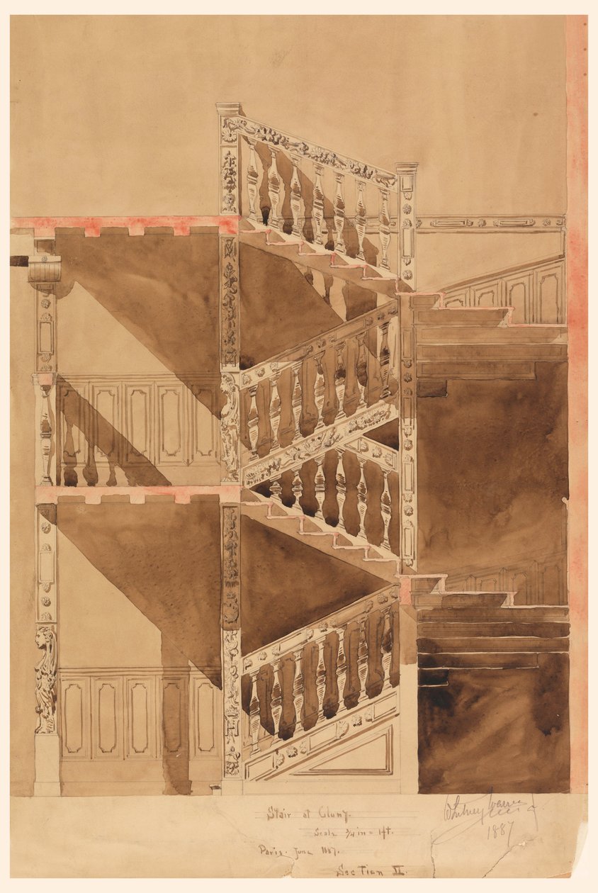 Zeichnung, Treppe im Cluny, Paris, 1887 von Whitney Warren Jr.