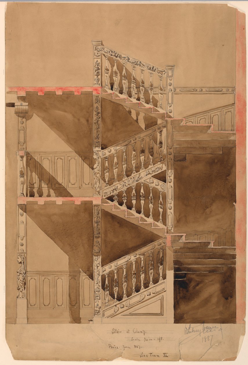 Zeichnung, Treppe im Cluny, Paris, 1887 von Whitney Warren Jr.