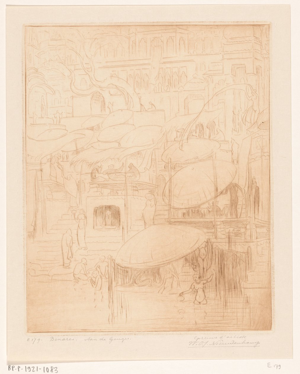Badende und betende Männer und Frauen am Ufer des Ganges in Benares von Wijnand Otto Jan Nieuwenkamp (signed by artist)
