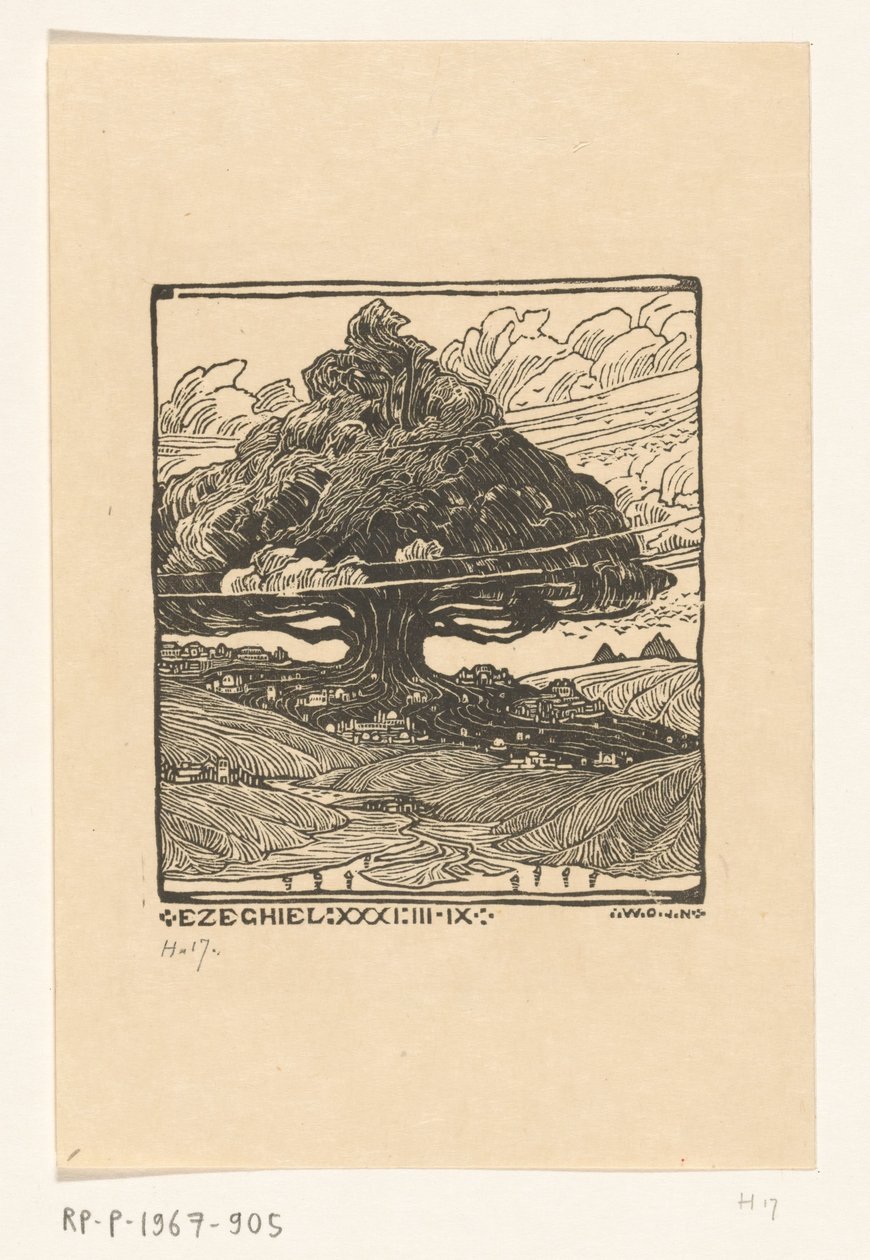 Städte unter einer Zeder in einer Berglandschaft von Wijnand Otto Jan Nieuwenkamp