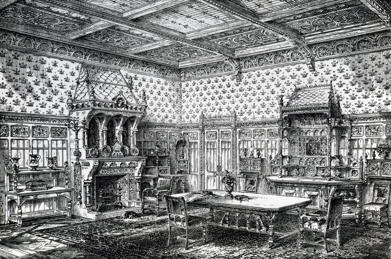 Entwurf für ein gotisches Esszimmer, veröffentlicht in The House-Furnisher & Decorator, 1. September 1872 von Wilberforce Haddon