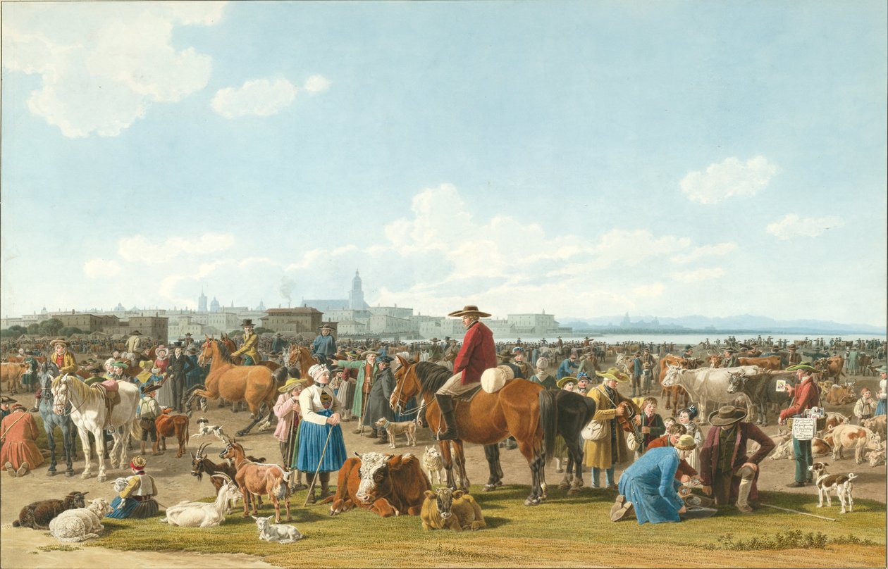 Viehmarkt vor einer großen Stadt an einem See, 1820 von Wilhelm Alexander Kobell