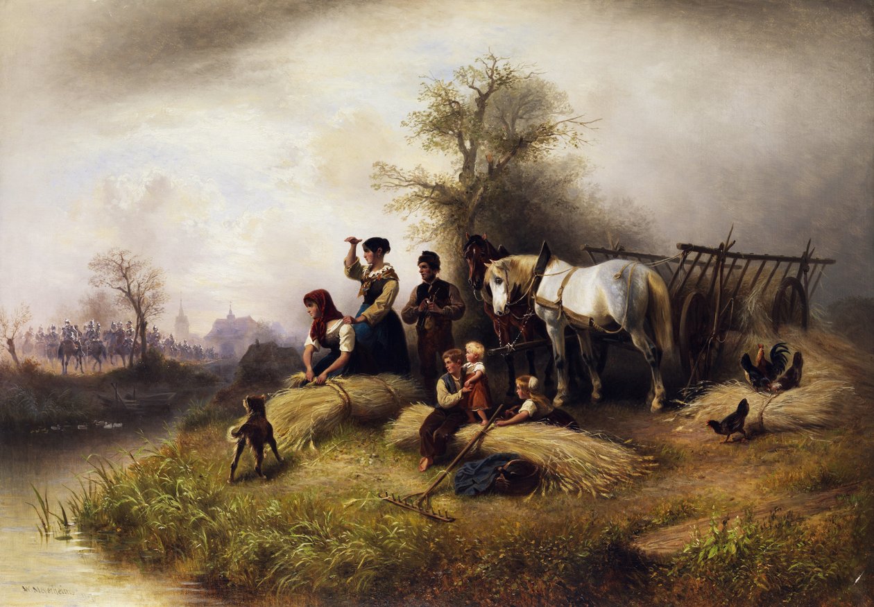 Bauernfamilie bei der Kornernte beobachtet einen Zug der Kavallerie von Wilhelm Meyerheim