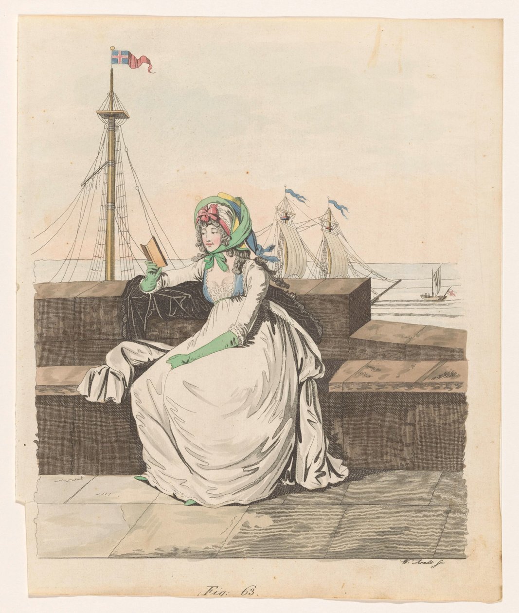 Lesende Frau an einem Kai, Segelschiffe im Hintergrund von Wilhelm Arndt