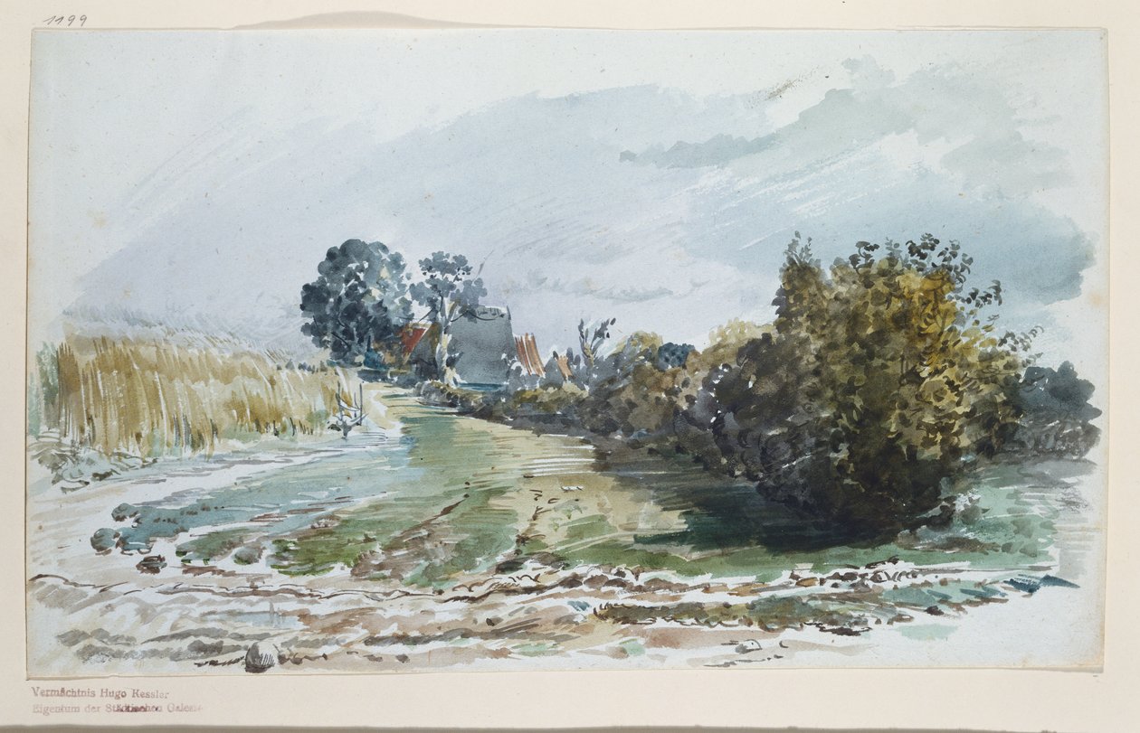 Weg zwischen Kornfeld und Sträuchern mit Hütten im Hintergrund von Wilhelm Busch