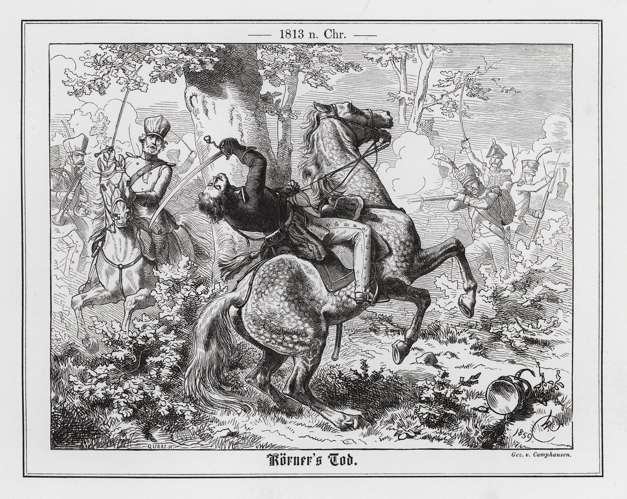 Tod des deutschen Dichters und Soldaten Theodor Körner bei der Verfolgung der Franzosen in Gadebusch von Wilhelm Camphausen